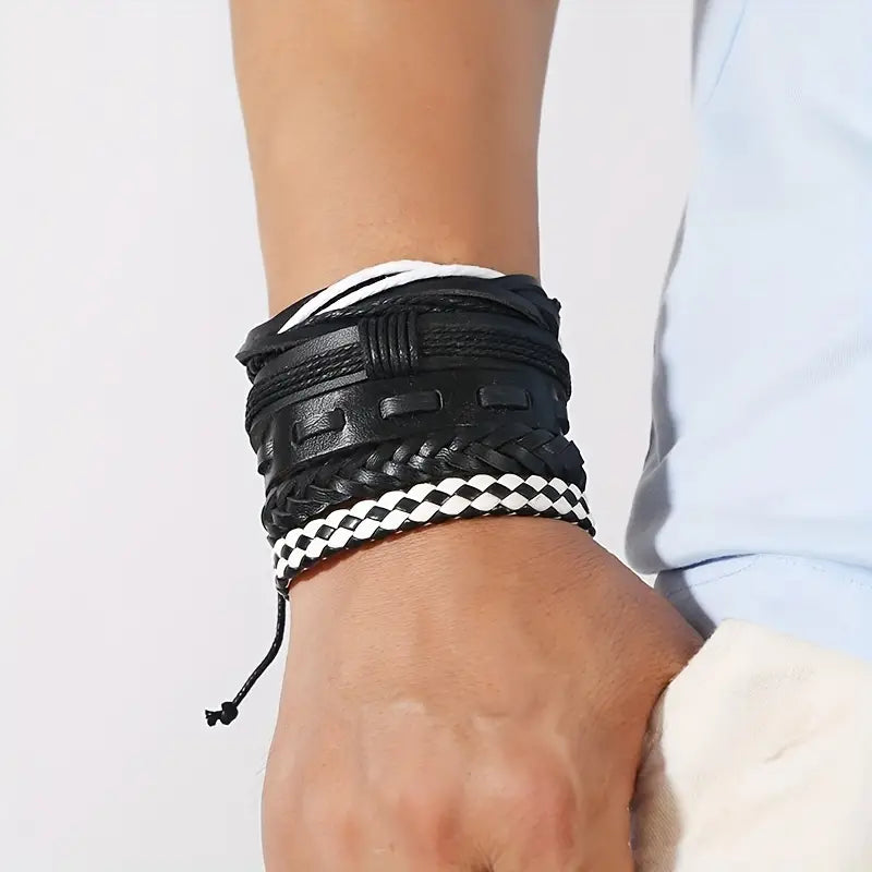 Retro Set Bracelet - Gevlochten PU Leren Armband met Kralen